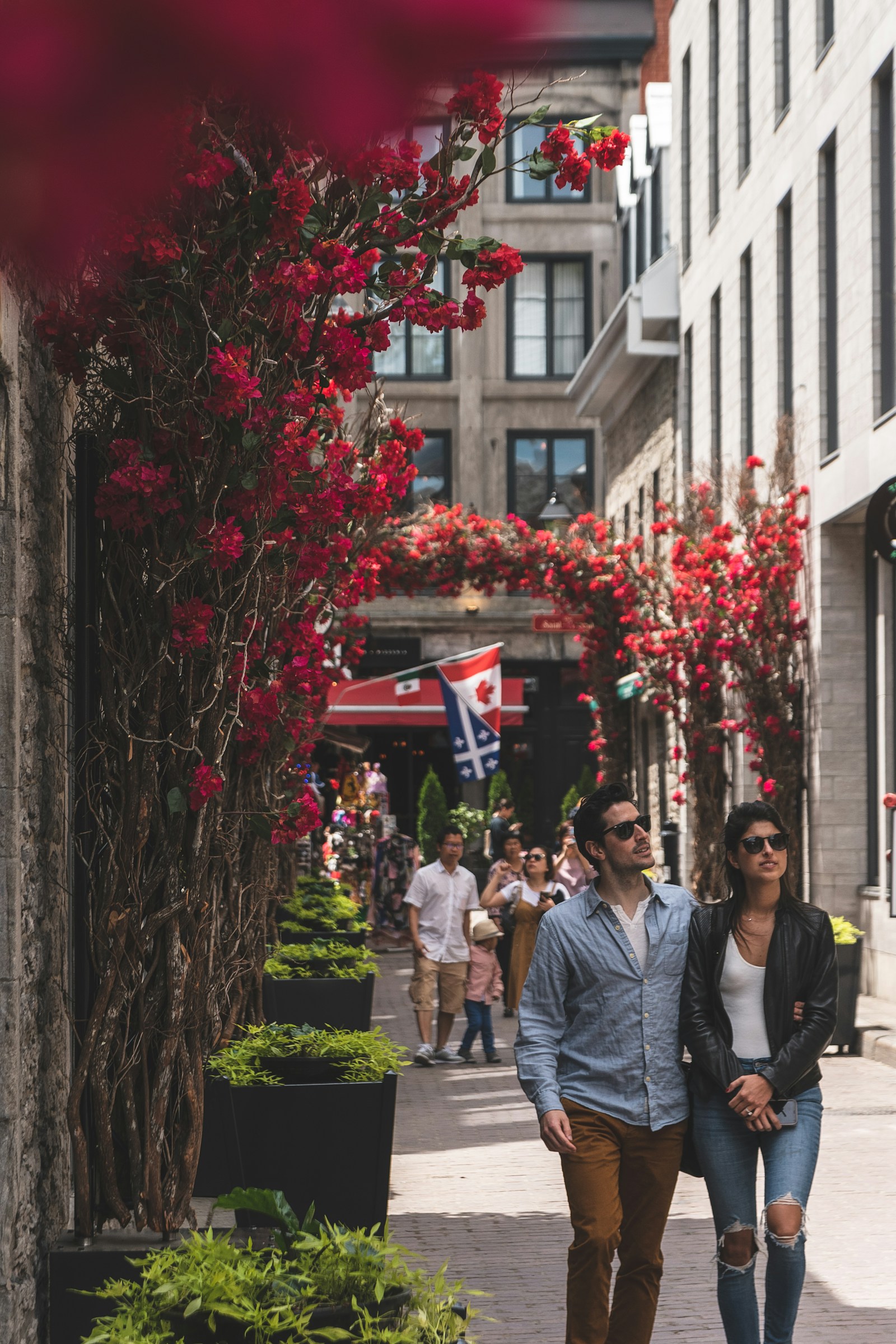 Couple walking through a vibrant Canadian city street